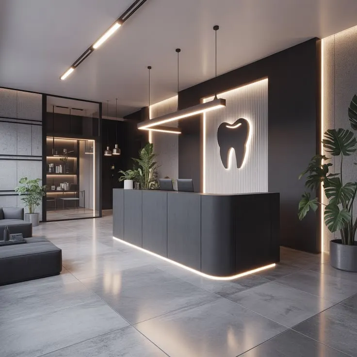 Luxury Monochrome Dental Reception Interior Design (Black White Grey Theme)